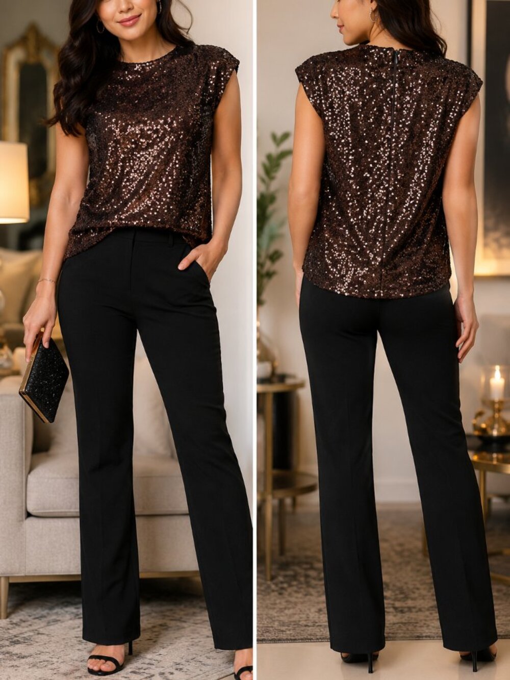H&M Bronze Brown Sequin Party Top Blouse Size Large EU L Sparkly